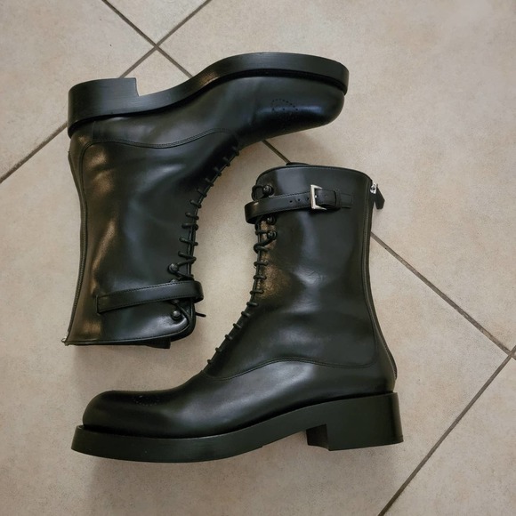 Prada Combat Boots Leather Brogue Lace Up Black Buckle Heeled 39 - Picture 4 of 12